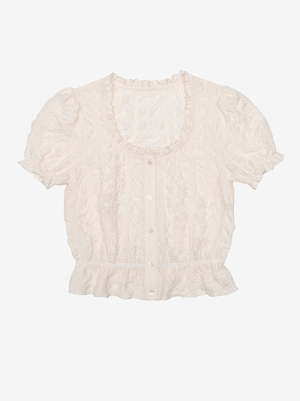 CHECK PATTERN FRILL BLOUSE - BEIGE